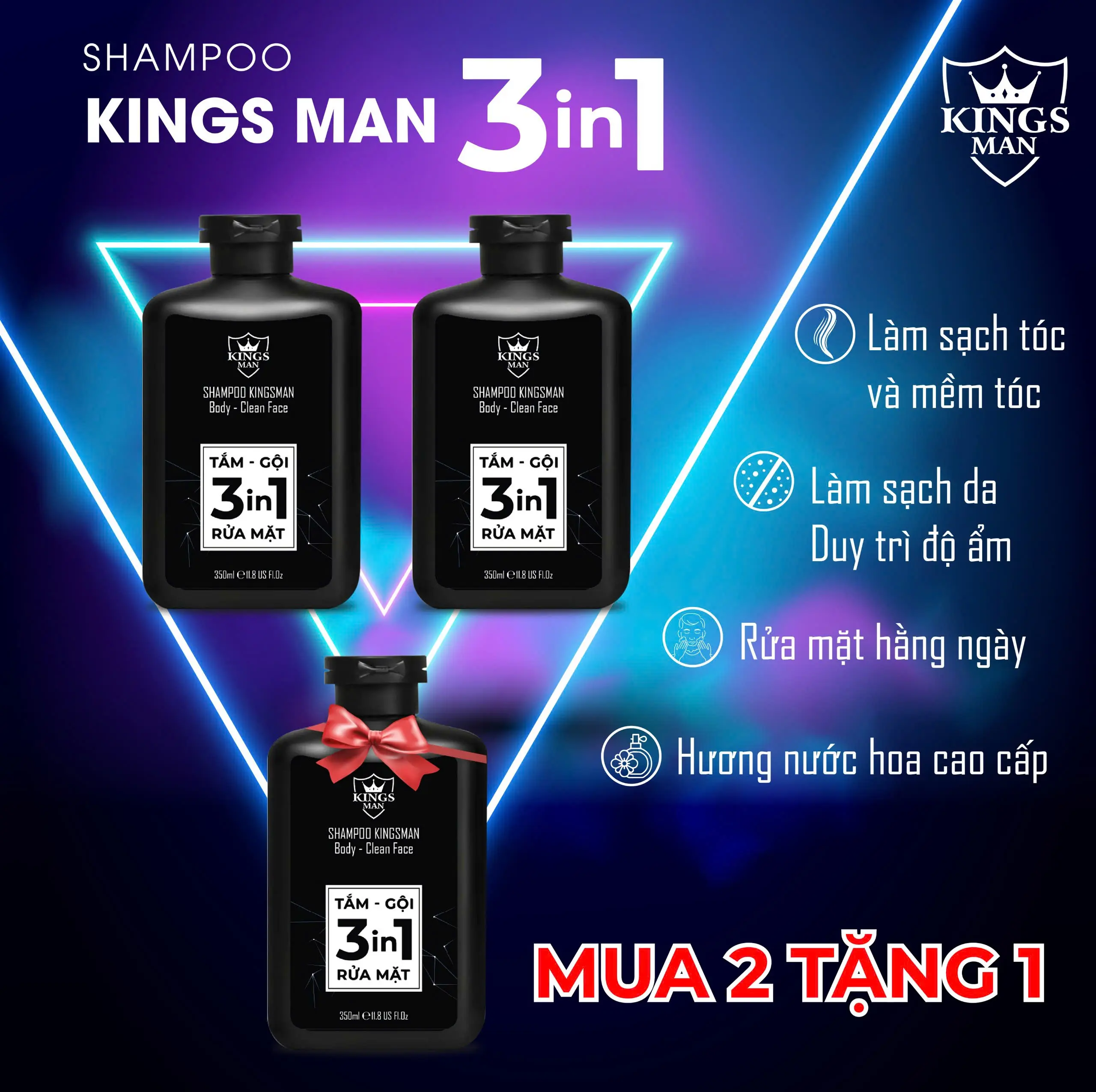 (MUA 2 Tặng 1 TỔNG NHẬN 3 CHAI ) Dầu Gội Sữa Tắm Nước Hoa  Thơm Lâu Nam 3in1 Shampoo Kingsman Chính hãng 350ml Dưỡng Thể Dưỡng Body