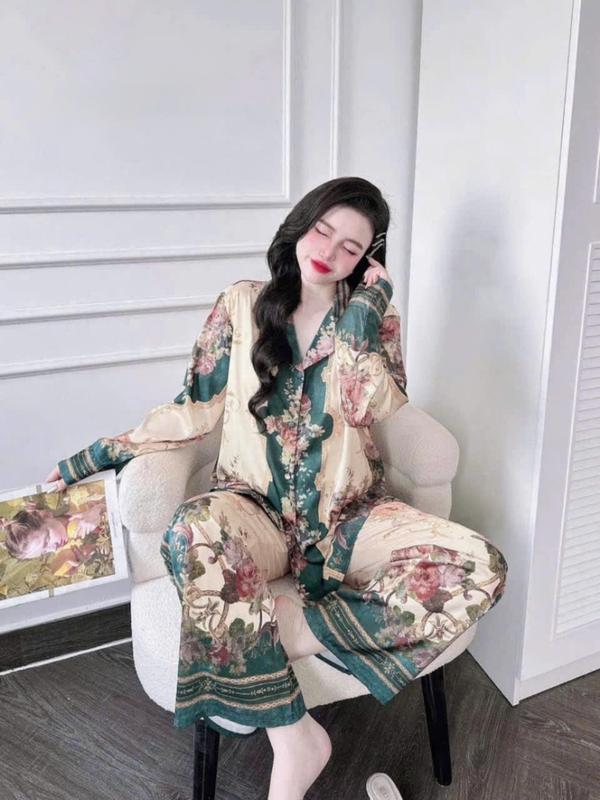 Đồ Bộ Nữ Pijama Bộ Lụa latin Tay Dài cổ sơ mi họa tiết 1