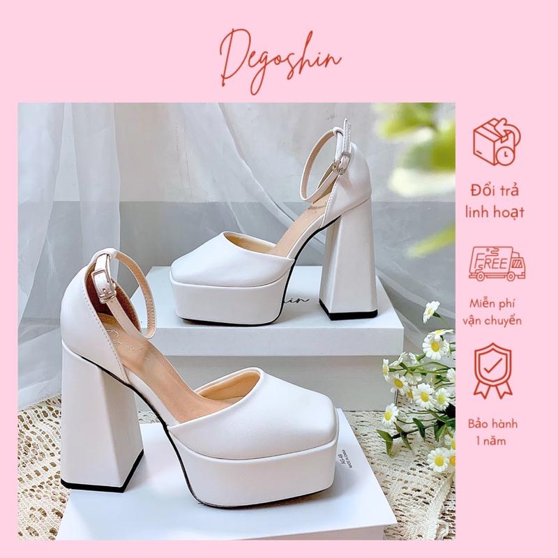 Giày Barbie da mềm gót trụ cao 13cm màu trắng basic Degoshin