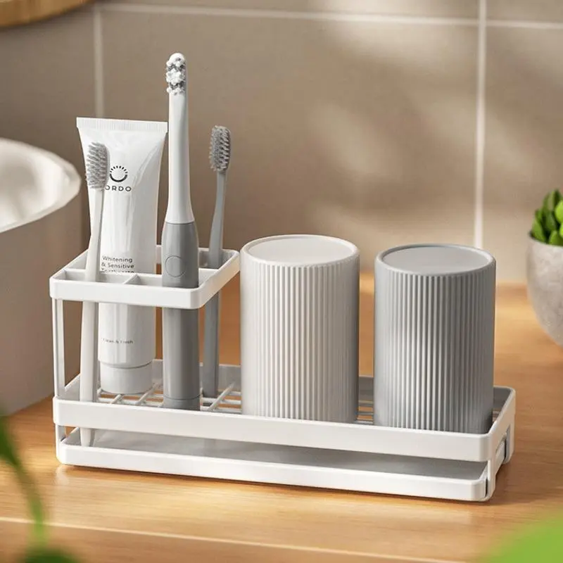 Toothbrush Holder with Drain Tray, Toothbrush Storage Rack, Bathroom Organizer for Storage Toothbrushes, Toothpaste and Mouthwash Cups, Bathroom Accessories [without Cups]