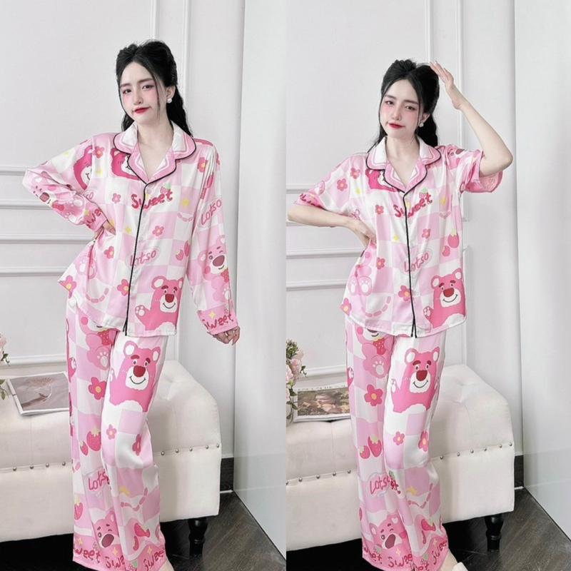 LATIN 4 Bigsize 45-75kg vừa Đồ Bộ Lụa Mịn Cho Nữ,  In Hình Gấu Dâu, Chất Liệu Lụa Mịn Women Áo Quần Ngủ