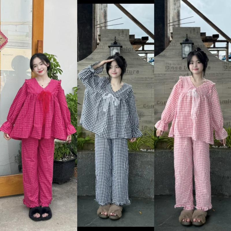 Set Bộ BabyDoll Caro Form Rộng Phối Bèo, Quần Có Chun. Áo Tay Dài Có Bo Tay