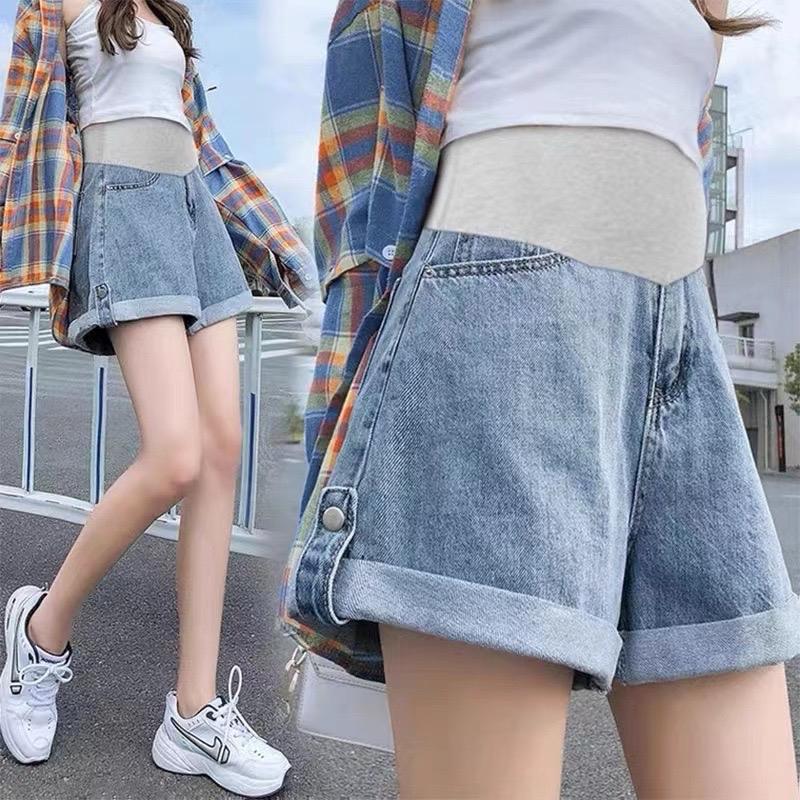 Quần sóc đùi Jean bầu ống rộng mặc năng động trẻ trung cho mẹ bầu mùa hè Đầm Bầu Váy Bầu
