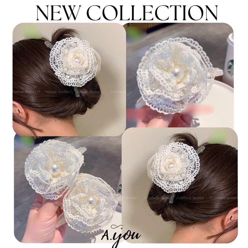 Kẹp Tóc Phối Ren Hoa Hồng Đính Kèm Ngọc Trai Tiểu Thư Dài 11cm Thương Hiệu A.you