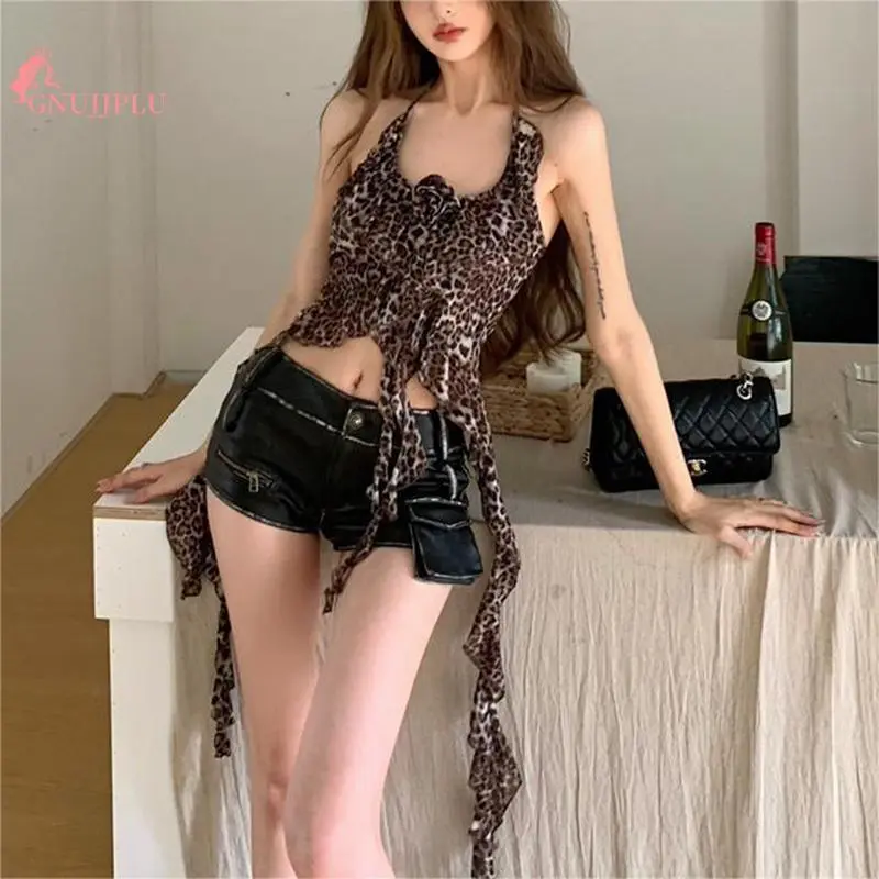 (Limited Time Special Offer) Women's SummerFit Cami Tops Sleeveless Open Back Halter Neck Leopard Print Trendsetter Tank Tops Must-Have Beach/Casual Wear