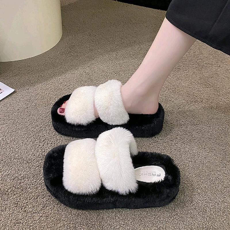 Có hộp Dép nữ phủ lông quai ngang Đế cao su Chân dày tăng 1 size Slipper Nhung Có Quai dép quai