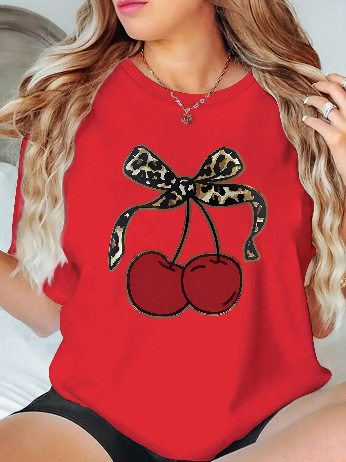 Women's Leopard Print & Cherry Bow Print Round Neck Tee, Fashion Casual Crew Neck Graphic Print T-shirt for Daily Holiday Vacation Outdoor Wear, Ladies Clothes for Summer, Womenswear