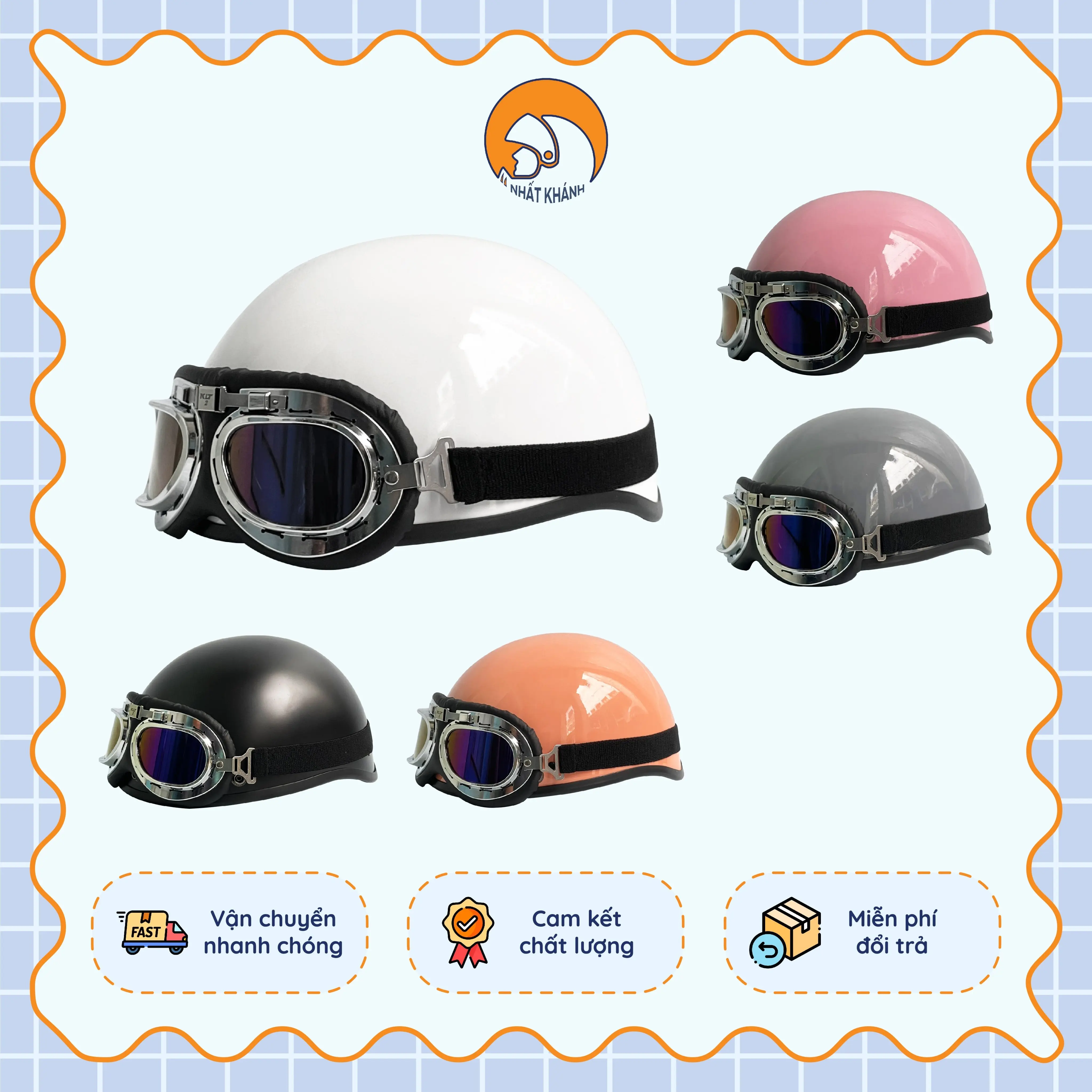 Mũ bảo hiểm nửa đầu cao cấp - Kính phi công - Kiểm định an toàn - Helmet rộng rãi màu sắc thời trang