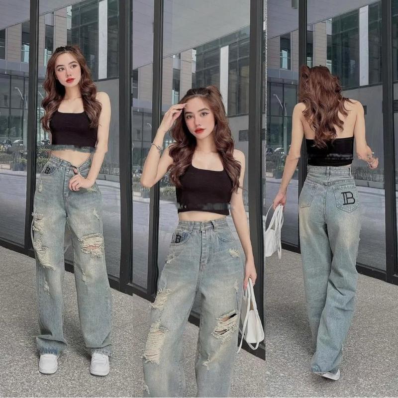 Quần Jean Suông - Quần Jean Ống Rộng Thêu Chữ B Túi Sau Siêu Xinh Lưng Cao Ôm Eo QC HYDI Jeans FullSize S M L XL. Nữ Women Ong Pants quần jean quần bigsize