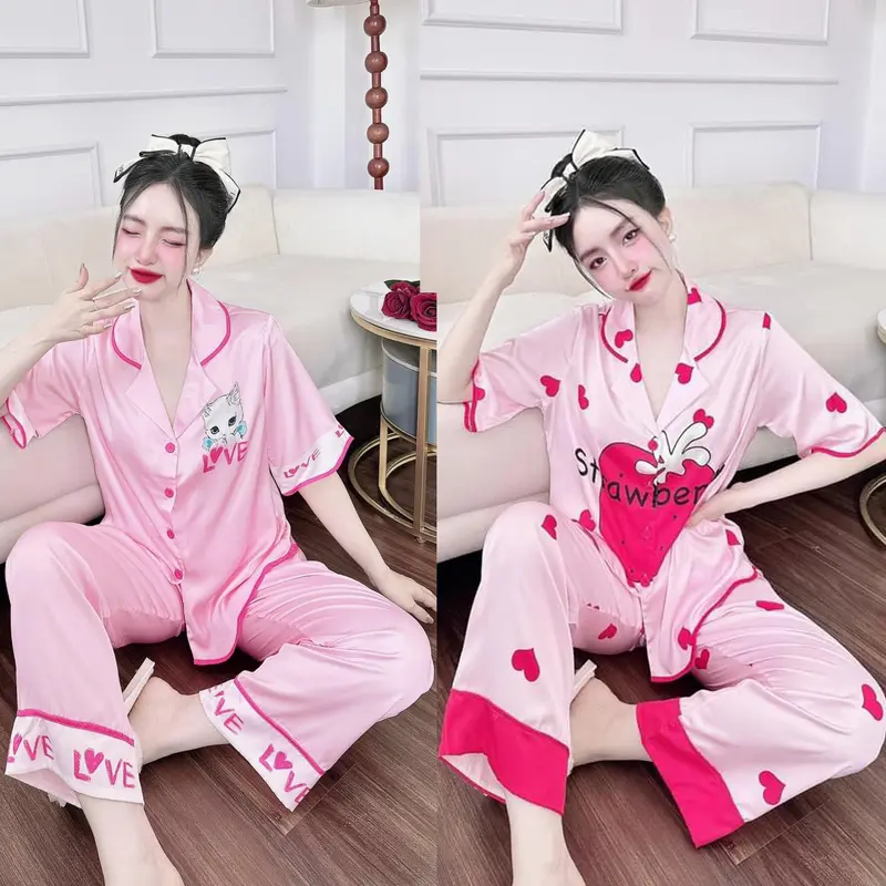Bộ Đồ Pijama Nữ Mặc Nhà Dáng Suông Tay ngắn line lượn sóng Vải Lụa Xước Hàn Thoáng mát 2