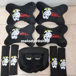 Bantal Mobil Set 9in1 Moo Sapi Hitam - Bantal Mobil Set 9 Pcs Moo Sapi - Bantal Leher Mobil