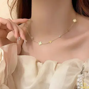 K214 Kalung TITANIUM Wanita Rantai Nori Kombinasi Bunga Mutiara Aesthetic Korean Style Elegant Trendy