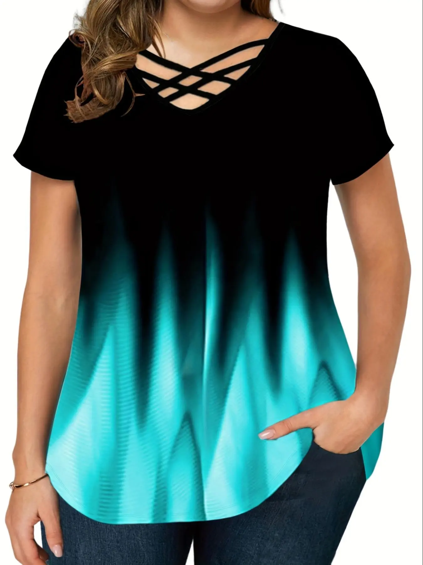 Plus Ombre Print Criss Cross V Neck Tee, Summer Clothes Women, Casual Short Sleeve T-Shirt for Summer, Women's Plus Clothing for Daily Wear