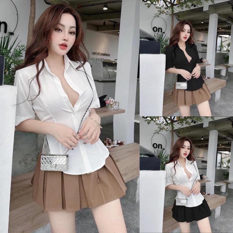 Set bộ áo sơ mi tay lỡ và chân váy tennis ngắn xếp ly cạp cao tôn dáng Bigsize Kim Ngân từ 50kg đến 100kg