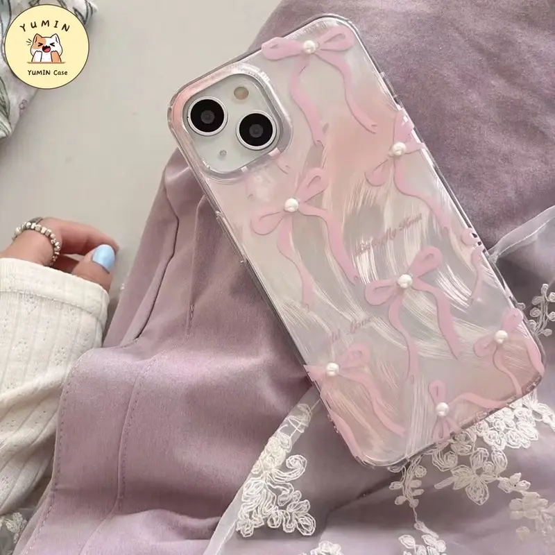Sarung Ikat Mutiara Mewah Manis Lucu Untuk Perempuan Kompatibel Untuk IPhone 11 7Plus XR 11 13 15 14 12 Pro Max 8Plus X XS MAX 15 6S 6 Plus SE 2022 Sarung Lembut TPU Benang Bulu 3