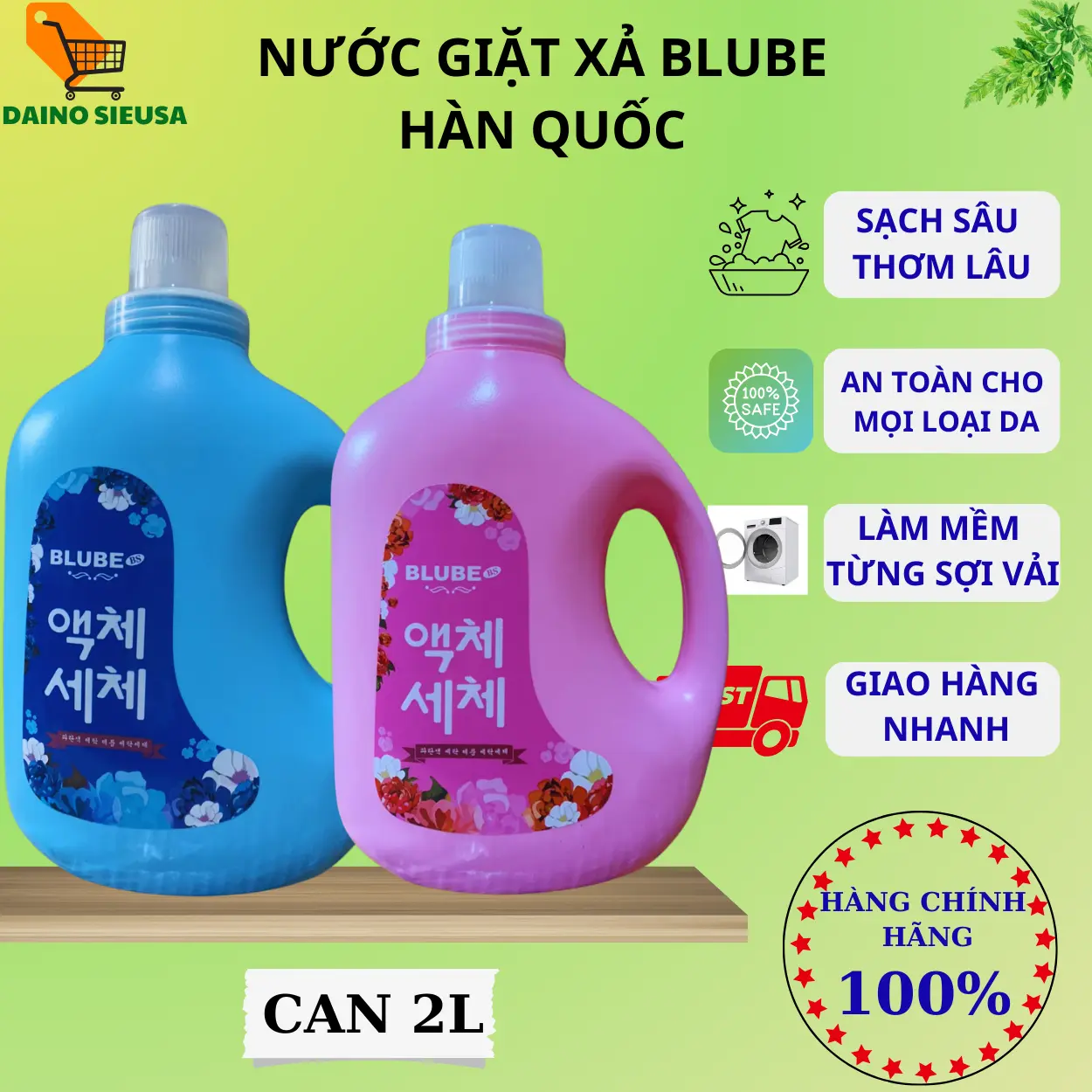 Nước giặt xả 5in1 Blube Hàn Quốc can 2 lit, thơm lâu sạch sâu, bền màu ylang không gây dị ứng Làm Sạch