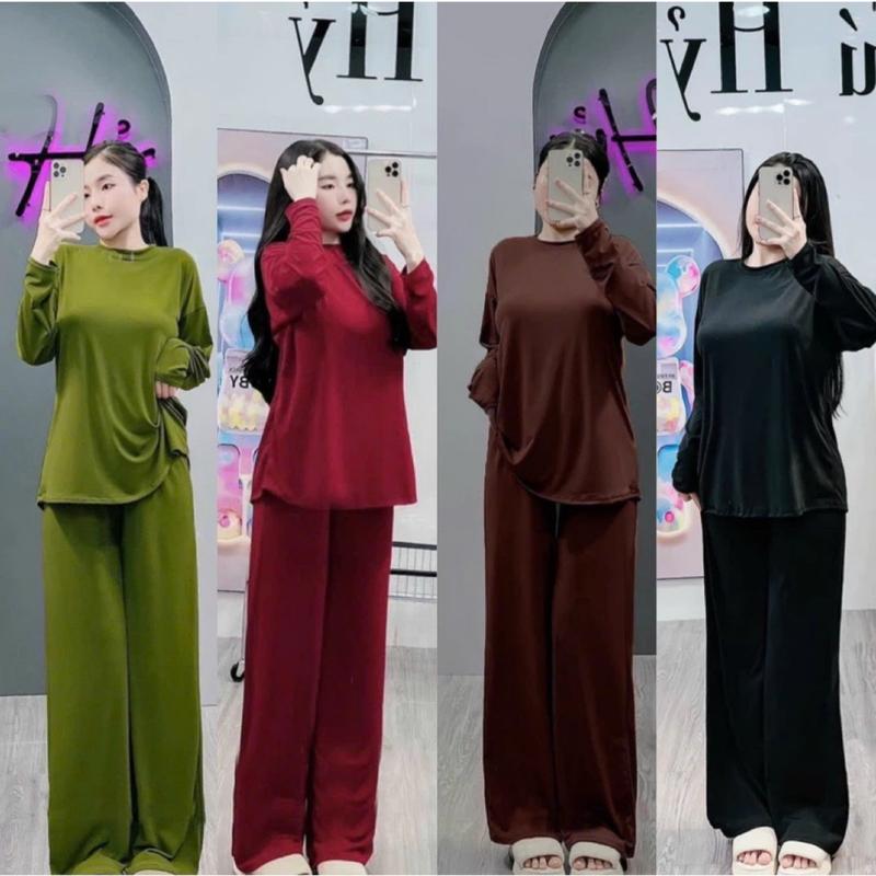 Bộ quần suông áo tay dài chất tăm lạnh Voi Women Nhung Top Kem