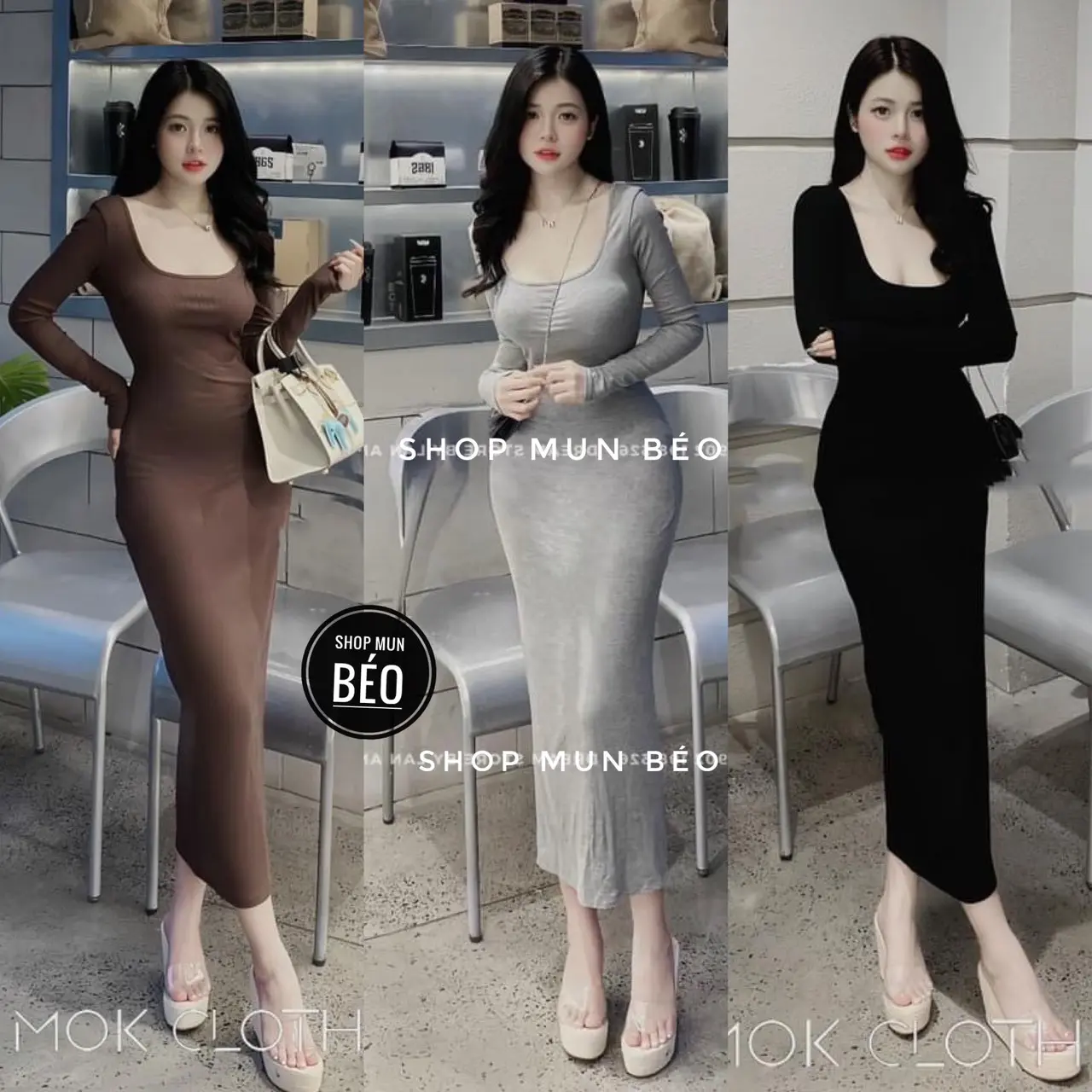 Đầm body cổ vuông tay dài phom dài chất thun gân co giãn thích hợp mặc đi tiệc đi làm đi chơi phù hợp mọi phong cách