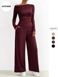 Two-Piece Set Women's Solid Ruched Asymmetrical Neck Top & Elastic Waist Wide Leg Pants, Casual Long Sleeve Asymmetrical Hem Top & Pocket Trousers for Fall Winter, Women's Clothes for Daily Wear