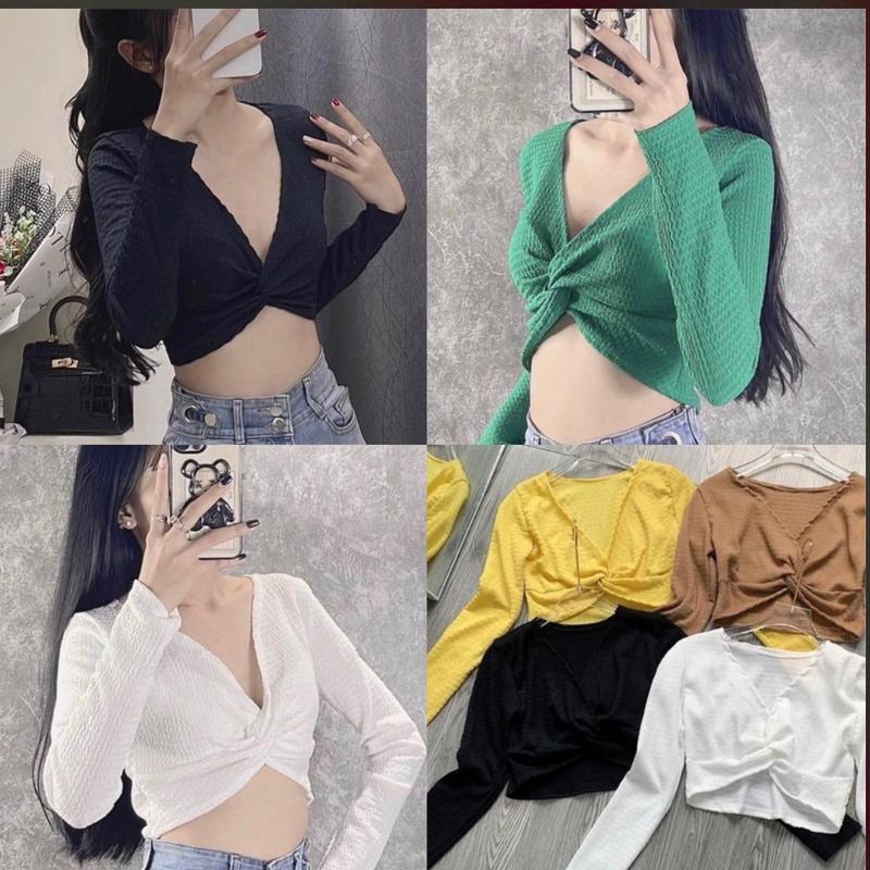 Áo croptop nữ xoắn eo tay dài phong cách vải xốp conton