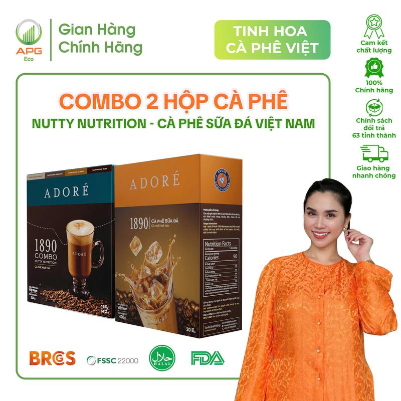 Combo 2 Hộp Cà Phê Hoà Tan - Cappuccino Nutty Nutrition (Mix 4 vị) và Cà Phê Sữa Đá Việt Nam ADORÉ 1890