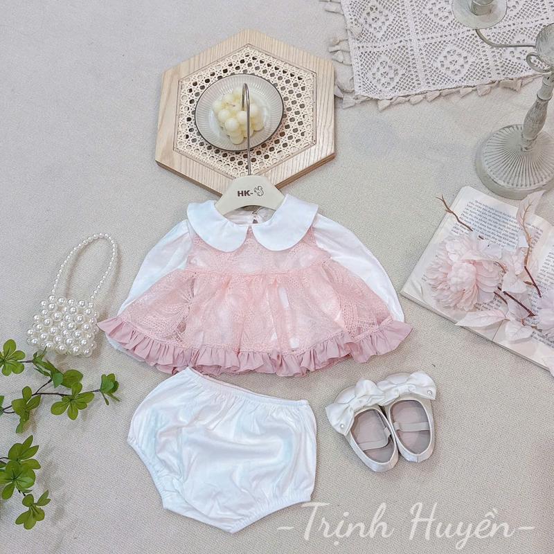 TH Sét Bộ 3 Chi Tiết Áo Cổ Bèo- Chíp- Áo Váy Hoa 3D Cho Bé Gái 4-12 kg Mặc Đầy Tháng Thôi Nôi