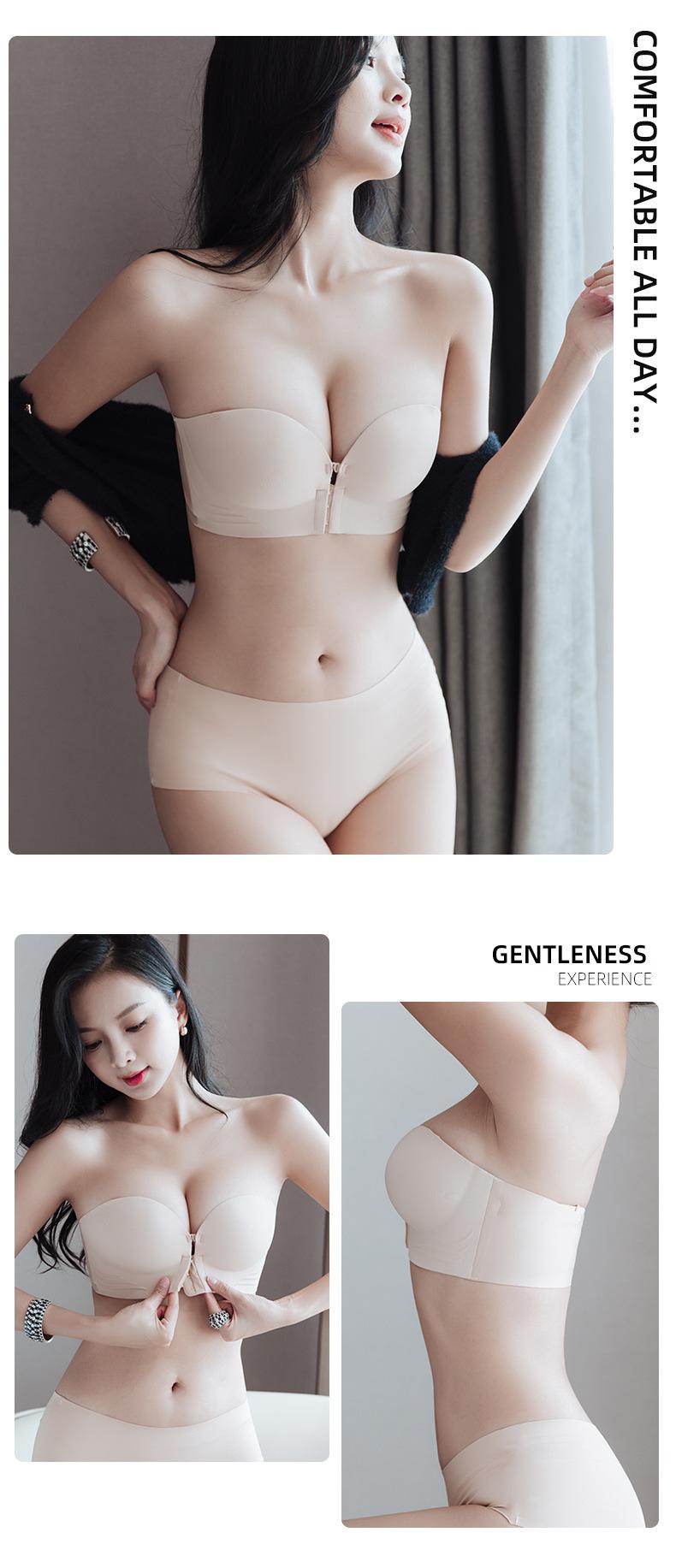 Product Introduction of Front Button 4cm Thick Cup Push up Bra Strapless Anti-Slip Upper Support Small Size Thickened Large Invisible Seamless Back Shaping Bra Women 14