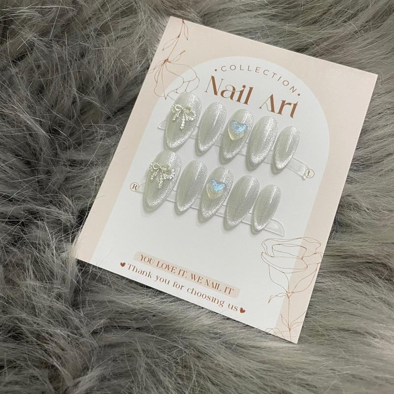 ( A1 )Bộ móng tay mắt mèo kim cương bạc gắn charm nơ tim kèm phụ kiện gắn móng