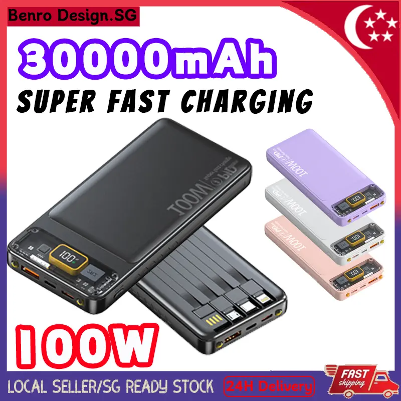 NEW 30000mAh Power Bank 100W Super Fast Charging Powerbank 4 Cables Portable Charger Battery Multi-device Charging Digital Display Accessories Electronic