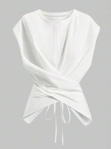 Camiseta de mujer de punto con cuello redondo y hombro caído, top casual de moda con diseño asimétrico y cruzado, con amarre en la espalda, ideal para primavera y otoño