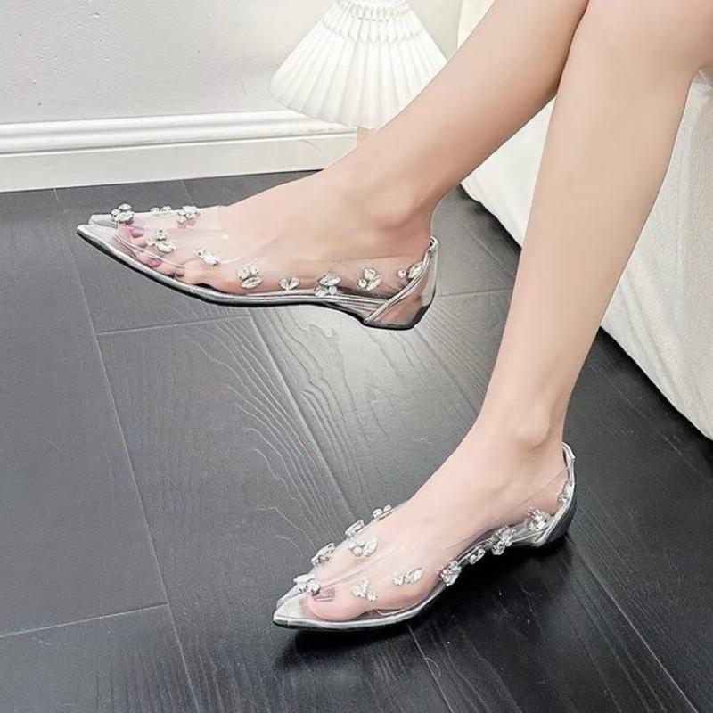 Giày búp bê đính đá quai trong suốt đế bệt cho nàng đi chơi đi tiệc đây ạ Shoes Đế Bằng guốc sang chảnh cao