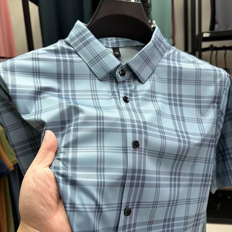 Áo Sơ Mi ngắn Tay Không Đường May Bằng Lụa Lạnh Dành Cho Nam Giới, Phong Cách Công Sở Thường Ngày Không Cần Ủi, Thoáng Khí, Áo Mùa Hè, Áo Sơ Mi Kẻ Sọc, Hợp Xu hướng, 910 Giao Hàng Trong 11 Giờ 3