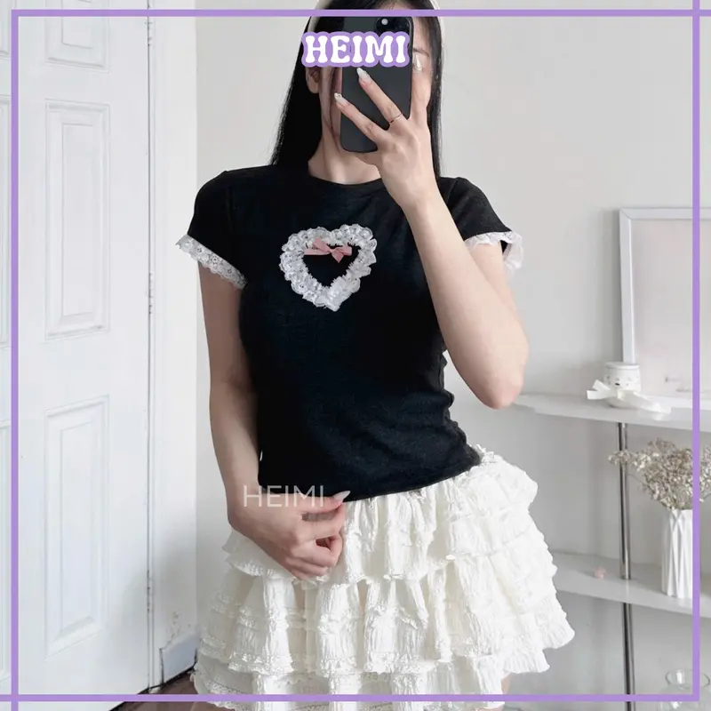 Áo Thun Nữ Phối Ren Trái Tim HEIMI, Áo Baby Tee Form Ôm Body Dễ Thương Chất Len Tăm Mềm Mịn 4