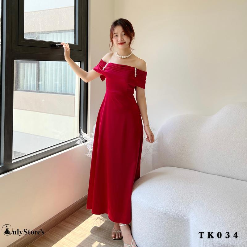 TK034 Đầm nữ lụa trể vai dáng xòe kèm ngọc trai 3
