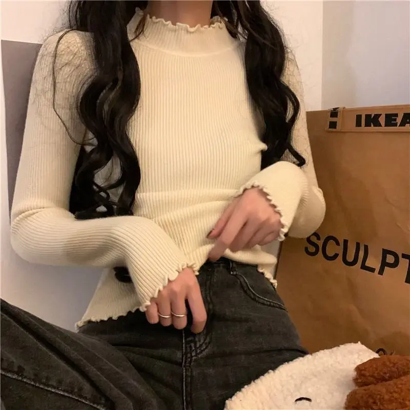 Áo Len Ren, Cổ Lọ Nửa, Áo Dệt Kim, Dáng Ôm, Selvedge Dây, Màu Đen, Áo Lớp Nền, Dành Cho Nữ, Có Thể Mặc Bên Trong, Hàng Mới Về Thu Đông Năm 2025 áo  len  xinh