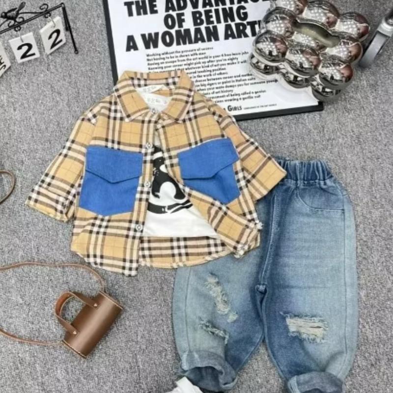 ￼[M13 ]Quần áo boy phố trẻ em BMKIDS 3 chi tiết áo sơ mi kẻ caro, áo phông trắng cotton chữ R + quần jean cao rách