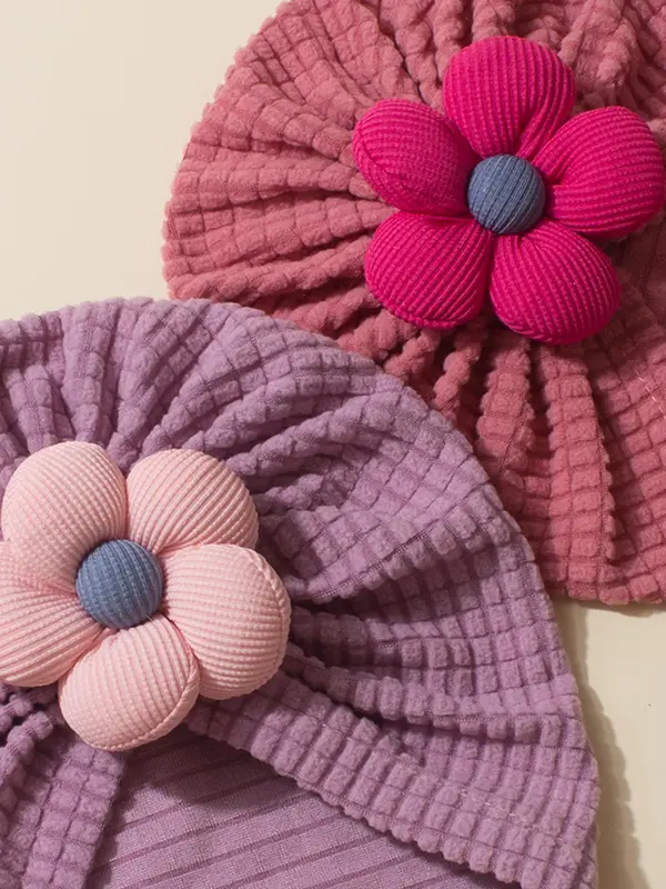 Baby's Cute Flower Appliques Decor Baby Hat, Textured Baby Hat, Baby Accessories for Newborn Infant Toddler Kids 3