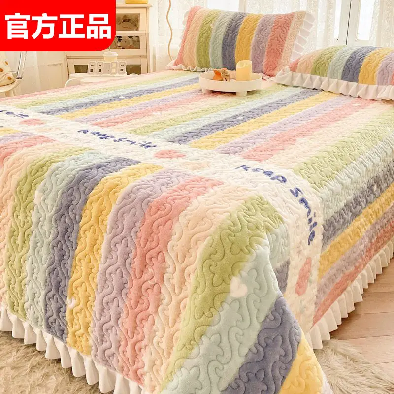 [Excellent Rating Rate Exceeds 98%] Milk Fiber Three-Piece Bed Cover Set Princess Style Winter Crystal Velvet Thermal Quilted Non-Slip Bed Sheet Double Four Seasons Universal