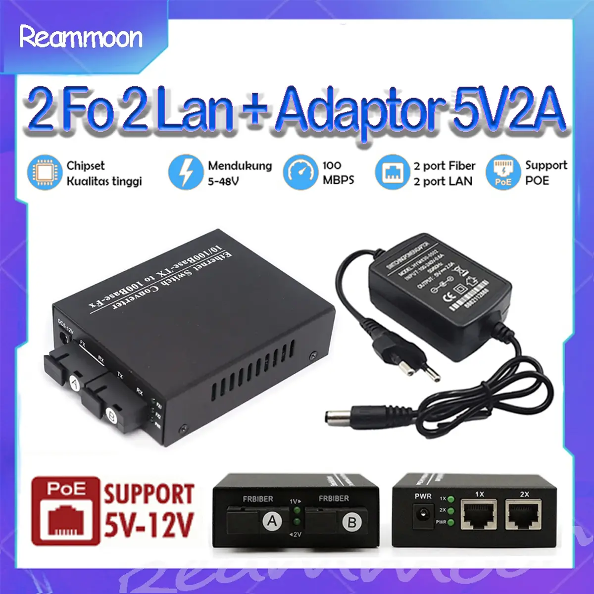 [POE] Converter 2Fo 2 Lan Htb 2Fo 2Lan Adaptor 5V2A 2F2E Ethernet Switch 2 Fiber 2 Ethernet Converter Single Mode Support Poe 10/100M Power Input 5V-12V htb  2