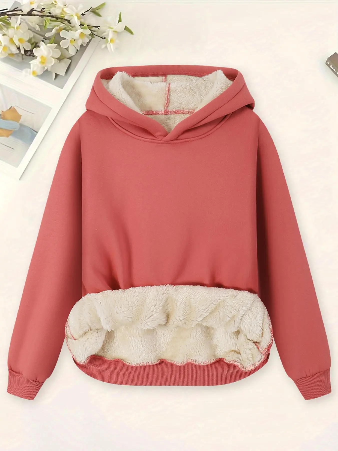【Plus Size】 Solid Color Long Sleeve Fuzzy Hoodie, Casual Warm Thermal Lined Hooded Sweatshirt for Winter, Women's Clothing for Daily Wear