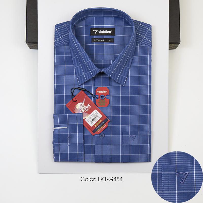 Áo Sơ Mi Dài Tay Vĩnh Tiến Sọc Caro Phom Dáng Regular Vạt Ngang Vải Sợi Tre 475 Nam Menswear Shirt Có Cổ
