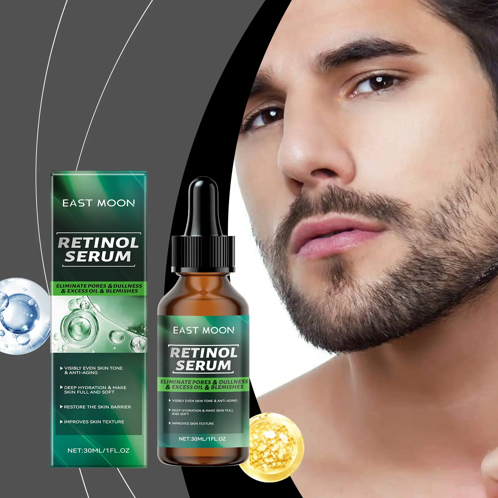 EAST MOON MEN'S RETINOL SERUM, LONG-LASTING HYDRATION, BALANCING WATER AND OIL, REFINING PORES, SKIN TIGHTENING, EVEN SKIN TONE, FACIAL TREATMENT, 30ML