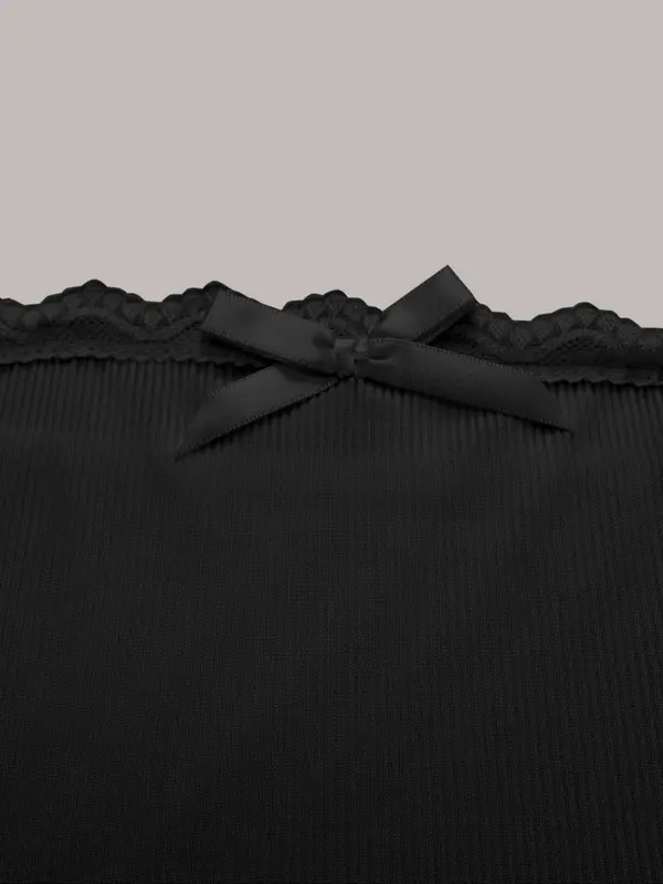Women's Solid Contrast Lace Trim Tube Top, Casual Bow Decor Ruched Ribbed Top for Summer, Ladies Clothes for Daily Wear 2
