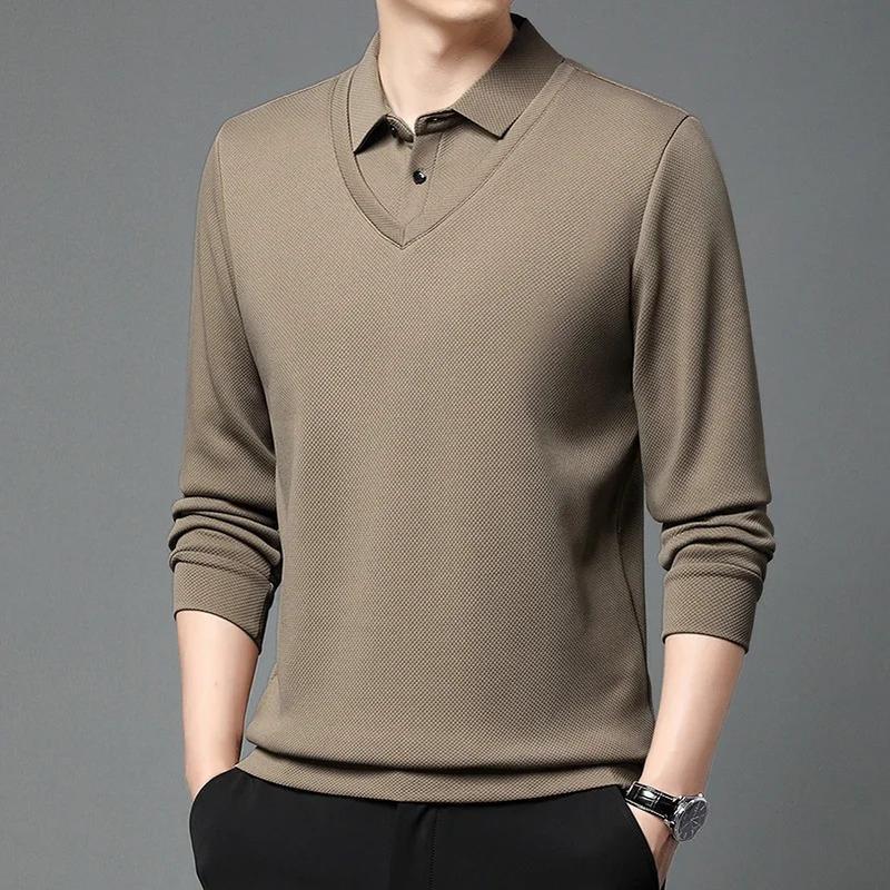 Men'S Long Arm Polo Shirt Korean-Style Fake Two-Piece Business Men'S Casual Fashion Long-Sleeved Solid Color Lapel Shirts Comfortable All-Match Top For All Seasons Menswear Lingerie 0