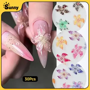 30Pcs Aksesoris Hiasan Kuku Lily Bunga 3D Warna Cantik Dekorasi Nail Art Soft Sculpture Manicure DIY