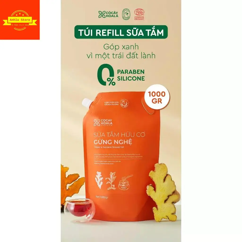 Túi Sữa Tắm Gừng Nghệ Cỏ Cây Hoa Lá 1000ml, Chính Hãng