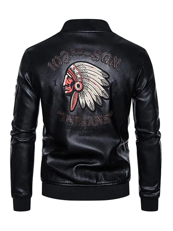 Men's Slim Graphic Zipper Pocket PU Leather Jacket, Stand Collar Long Sleeve Outerwear For Men, Men's Clothing For Fall & Winter 1
