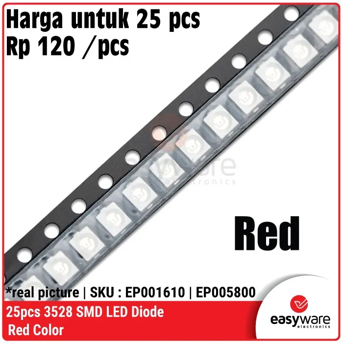 25x LED SMD 3528 Merah/Hijau/Biru/Kuning/Putih/Oranye/Putih Hangat 3528 SMD LED Diode Red/Green/Blue/Yellow/White/Orange/Warm White - RED