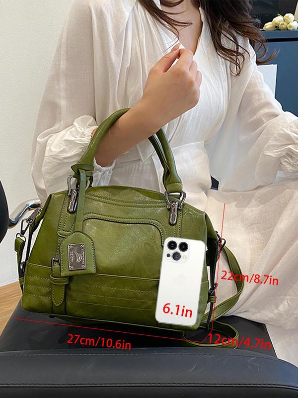 Women's Solid Color Oil Wax Boston Bag, Fashionable PU Leather Crossbody Bag for Daily Used, Casual Trendy Versatile High-quality Daily Commuting Bag 6