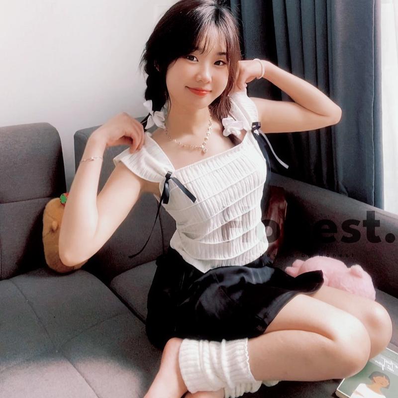 White Audrey - Áo Trắng Cổ Vuông Gắn Nơ Xinh Đẹp Top Nữ mặc mùa hè Women COTTON Thun Kem 5